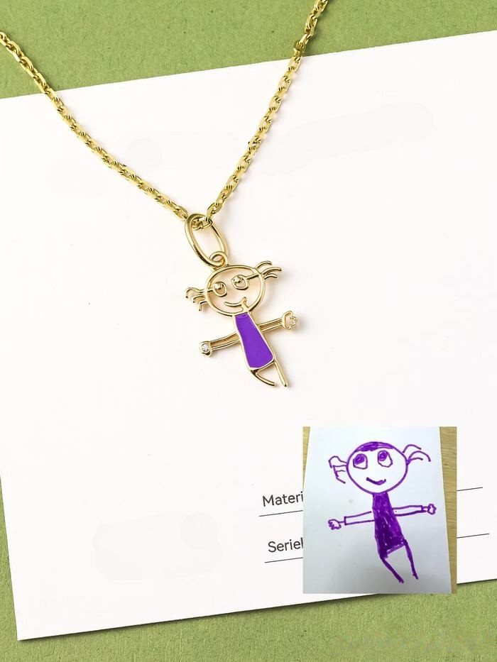 Girl in a purple dress as a gold enamel pendant