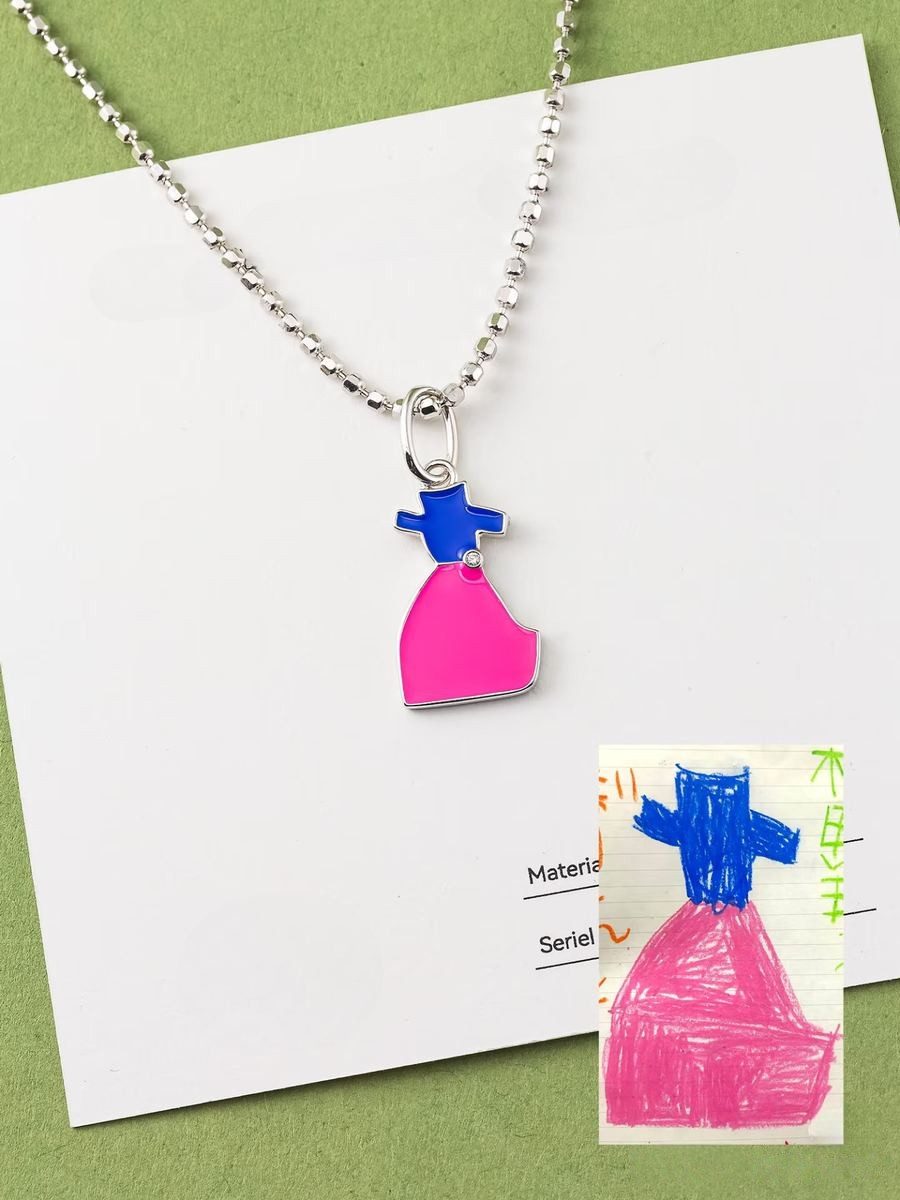 Pink princess dress drawing as an enamel pendant