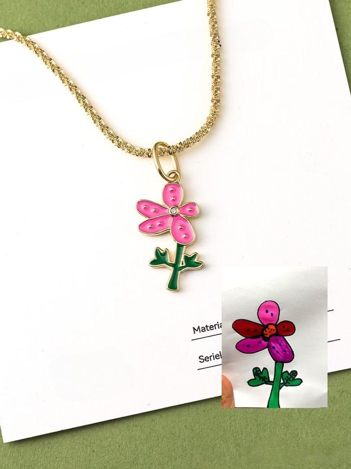 Pink flower drawing as an enamel pendant