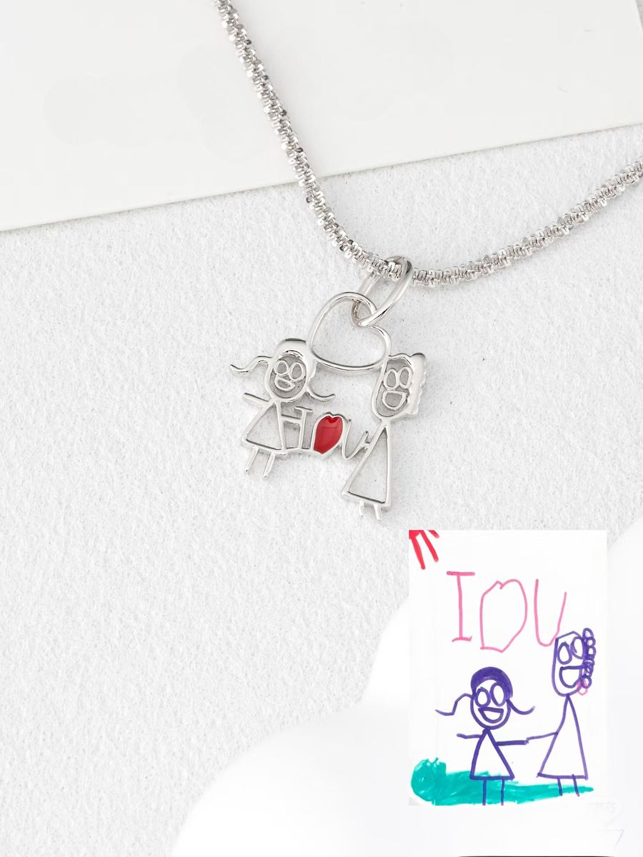 I love you stick figures as a silver outline pendant with a red heart