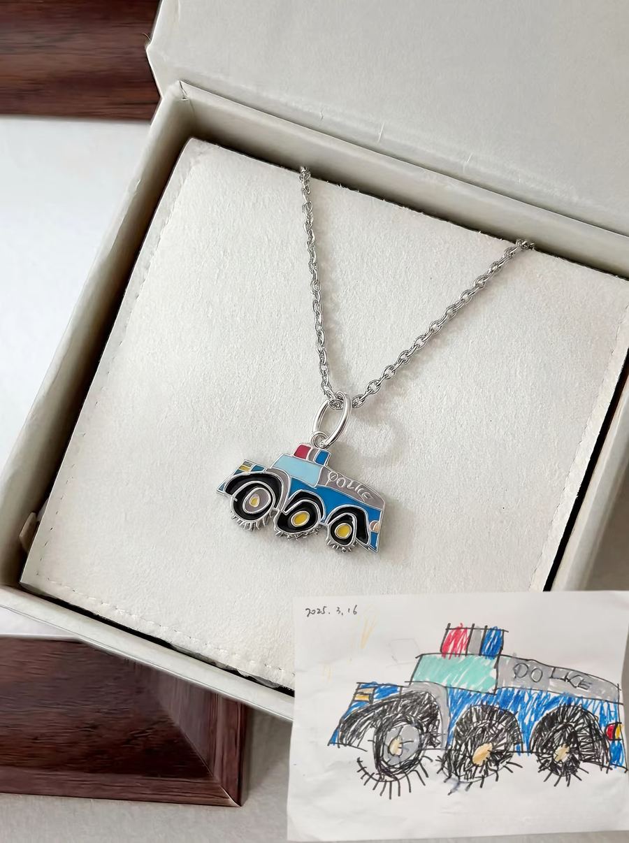Police truck drawing as a silver enamel pendant
